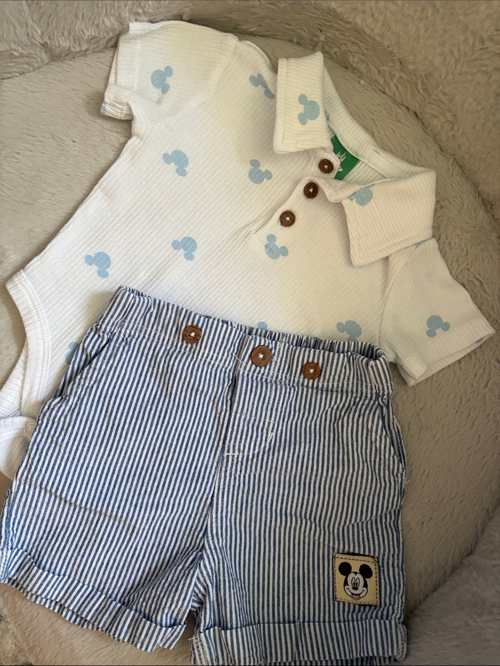 Disney Baby White Polo Baby Set with Light Blue Mickey Prints